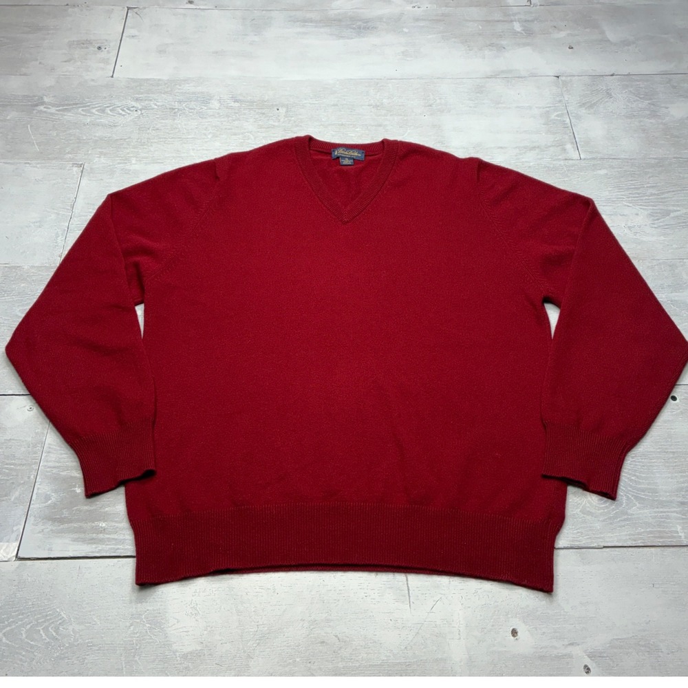Brooks Brothers Cashmere Sweater Men XL Red V-Neck Made Scotland Solid Knit SN